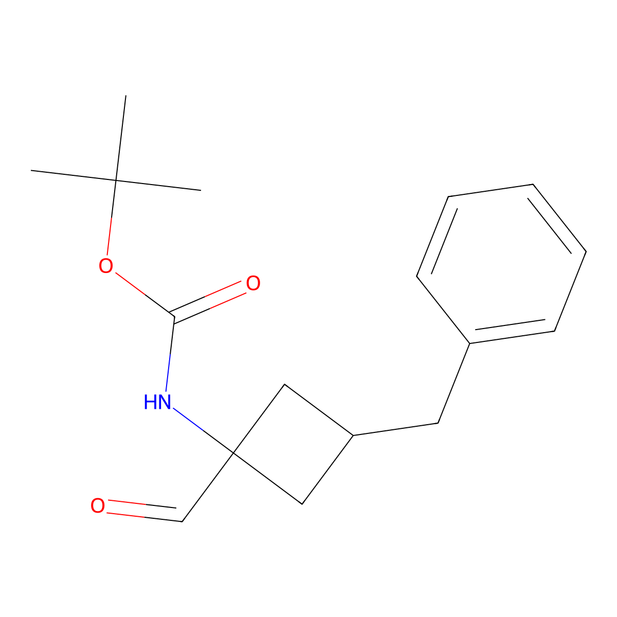 tert-butyl N-(3-benzyl-1-formylcyclobutyl)carbamate molecular structure, CAS 2803861-89-2
