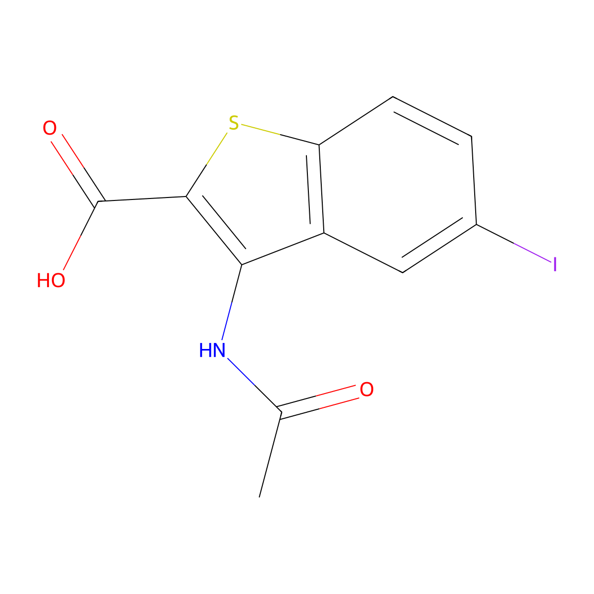 3-Acetamido-5-iodo-1-benzothiophene-2-carboxylic acid molecular structure, CAS 2803864-98-2