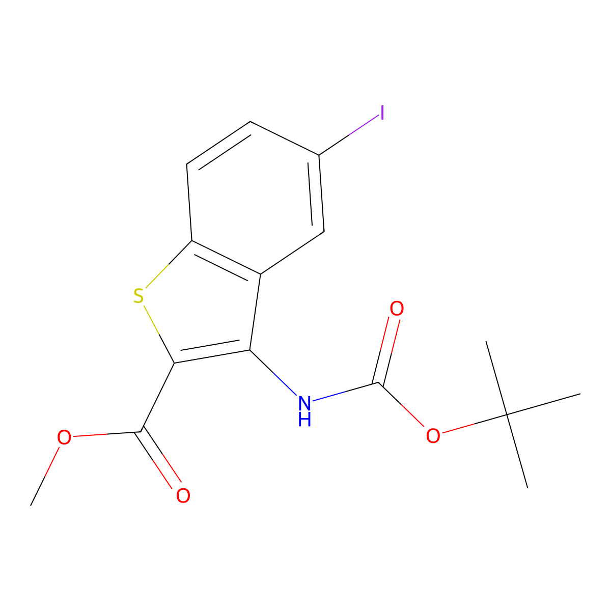 Methyl 3-{[(tert-butoxy)carbonyl]amino}-5-iodo-1-benzothiophene-2-carboxylate molecular structure, CAS 2803865-73-6