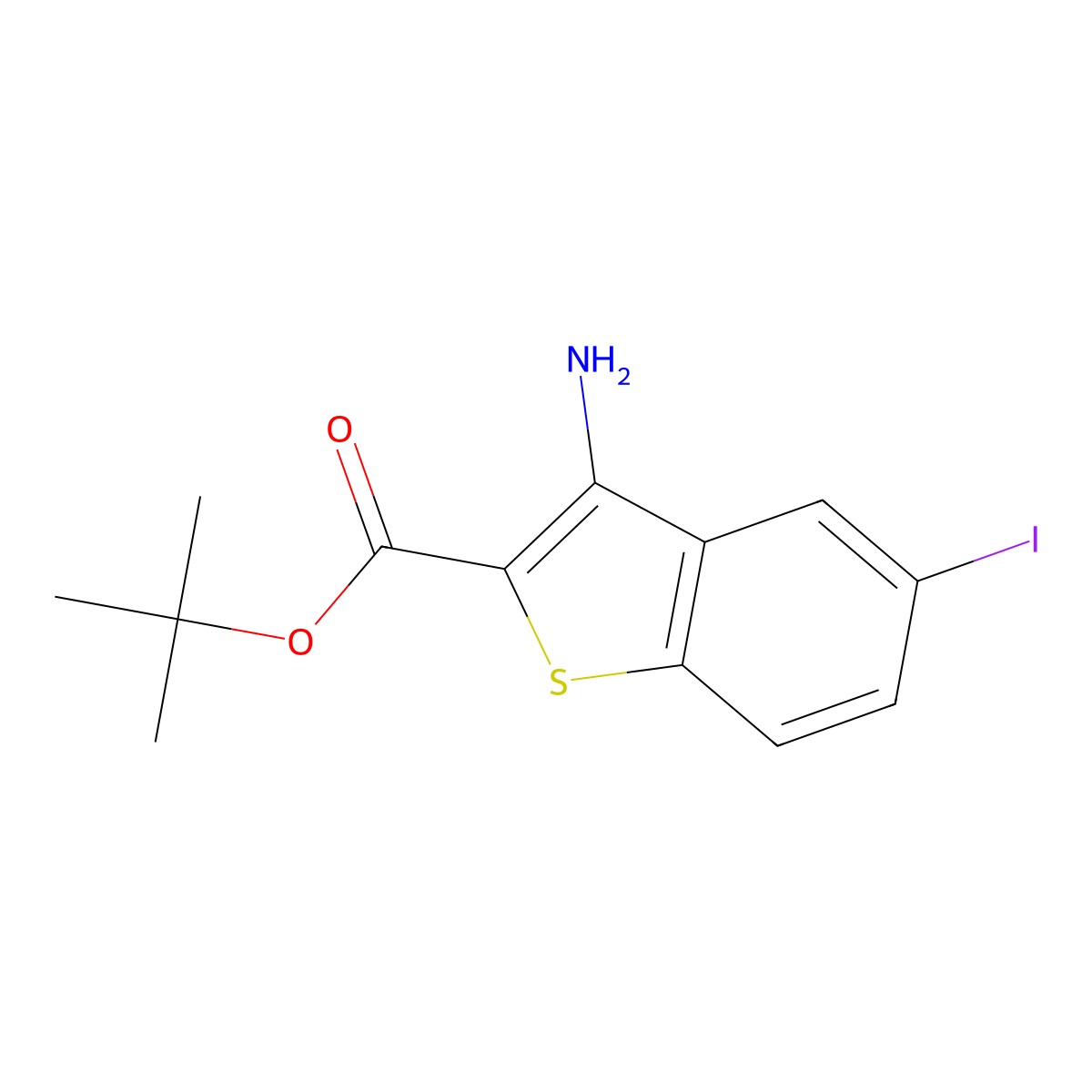 Tert-butyl 3-amino-5-iodo-1-benzothiophene-2-carboxylate molecular structure, CAS 2803865-95-2