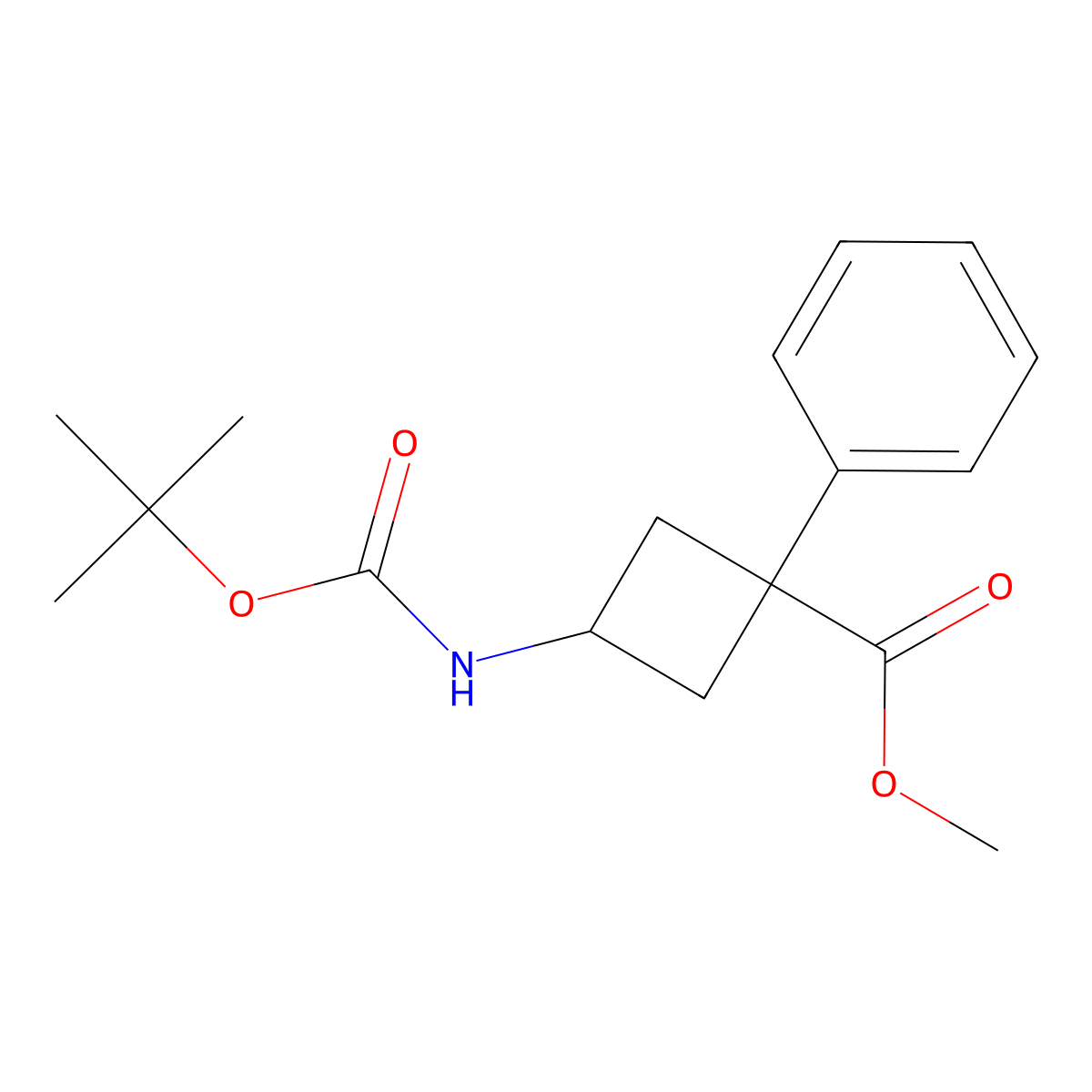 Methyl 3-{[(tert-butoxy)carbonyl]amino}-1-phenylcyclobutane-1-carboxylate molecular structure, CAS 2803866-18-2