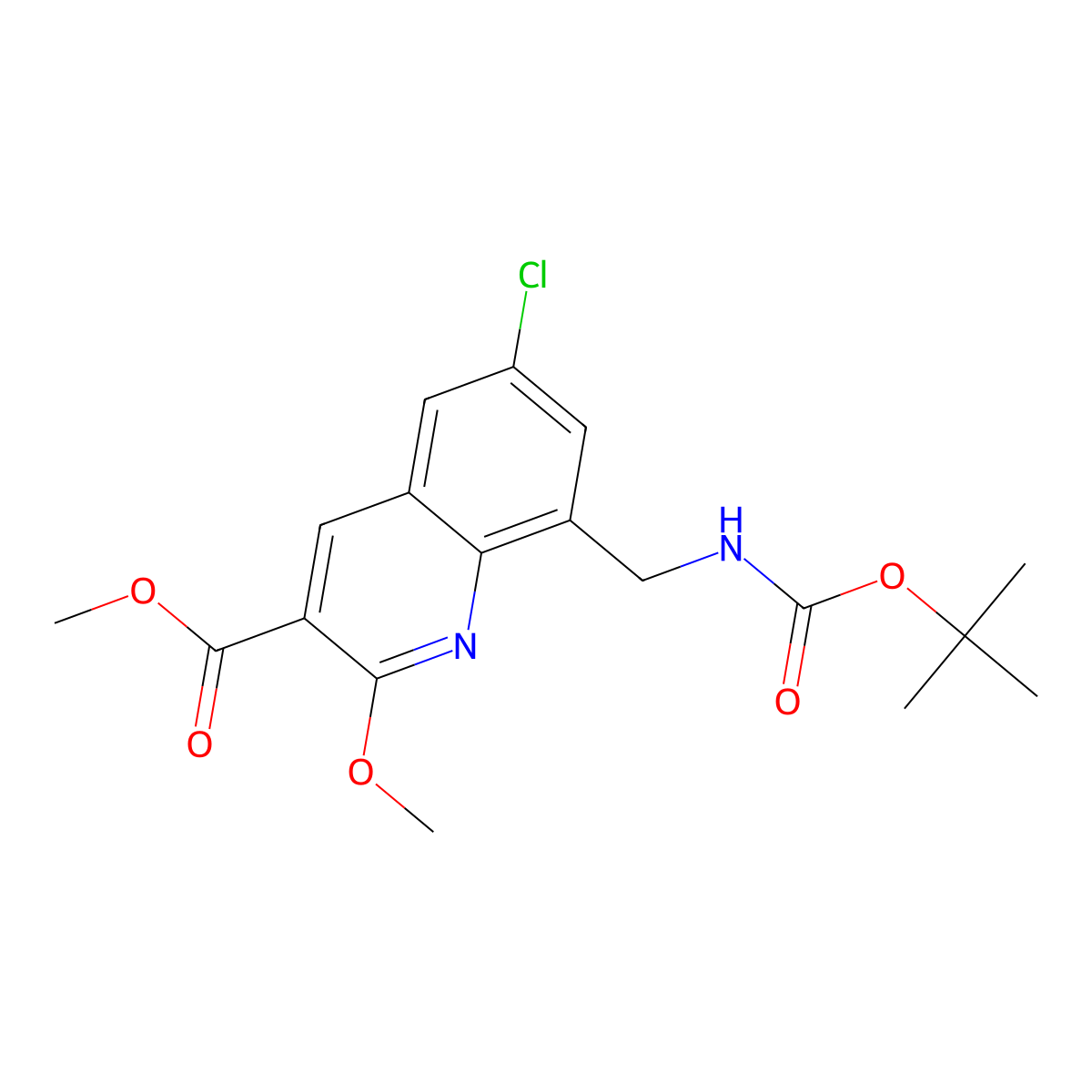 Methyl 8-(((tert-butoxycarbonyl)amino)methyl)-6-chloro-2-methoxyquinoline-3-carboxylate molecular structure, CAS 2804195-66-0