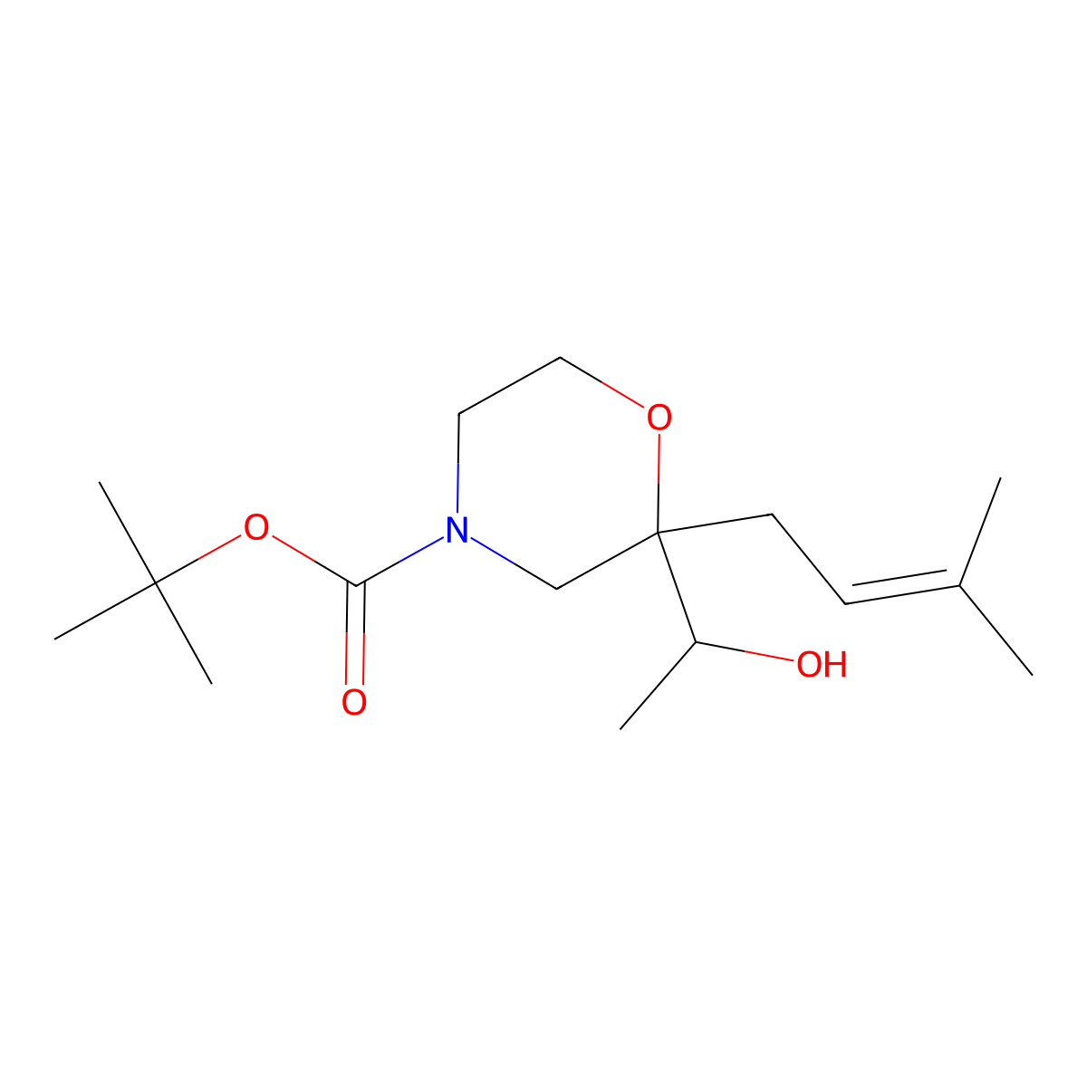 Tert-butyl 2-(1-hydroxyethyl)-2-(3-methylbut-2-en-1-yl)morpholine-4-carboxylate molecular structure, CAS 2804802-11-5