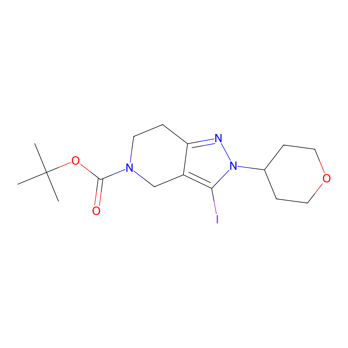 tert-butyl 3-iodo-2-(oxan-4-yl)-2H,4H,5H,6H,7H-pyrazolo[4,3-c]pyridine-5-carboxylate molecular structure, CAS 2806113-60-8