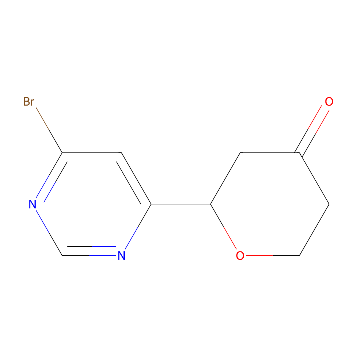 2-(6-bromopyrimidin-4-yl)tetrahydro-4H-pyran-4-one molecular structure, CAS 2806718-99-8