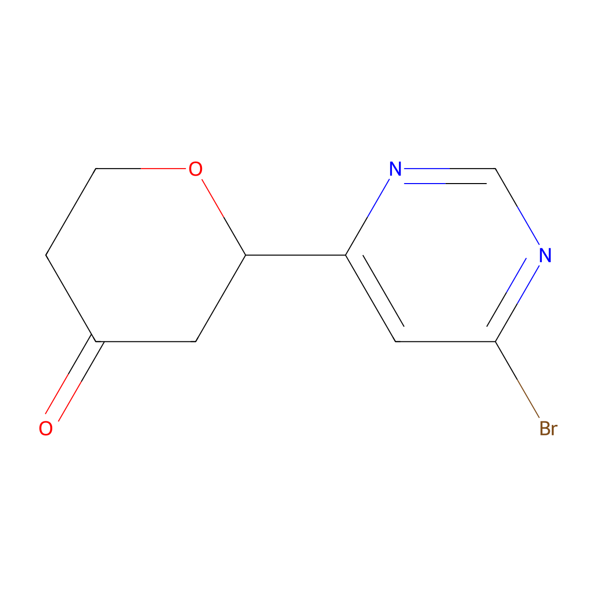 2-(6-bromopyrimidin-4-yl)tetrahydro-4H-pyran-4-one molecular structure, CAS 2806718-99-8