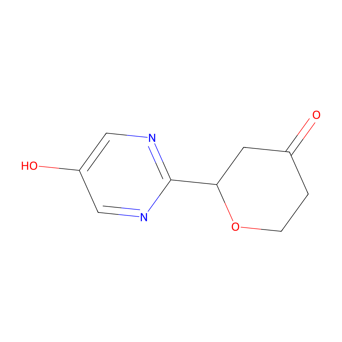 2-(5-hydroxypyrimidin-2-yl)tetrahydro-4H-pyran-4-one molecular structure, CAS 2806719-23-1