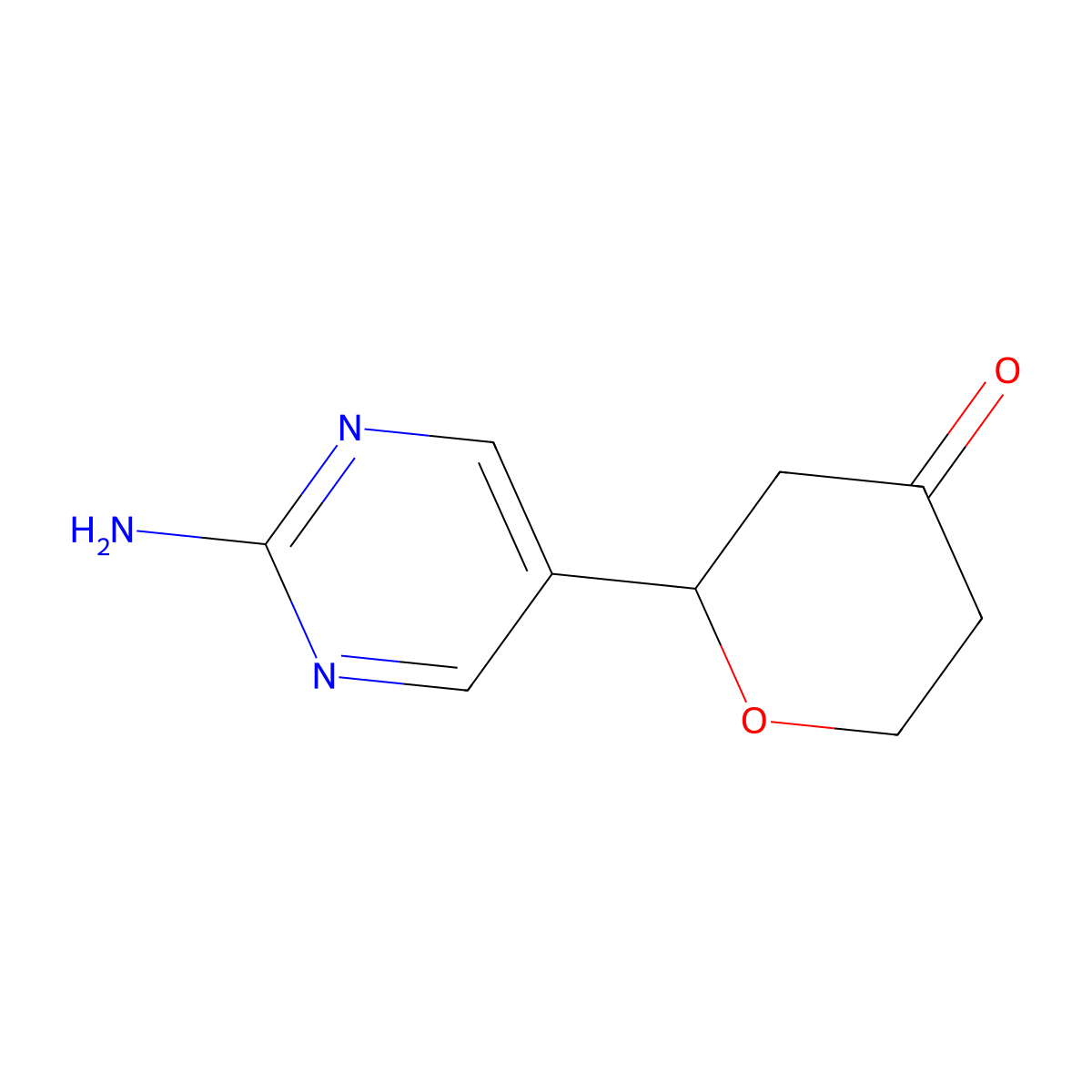 2-(2-aminopyrimidin-5-yl)tetrahydro-4H-pyran-4-one molecular structure, CAS 2806728-89-0
