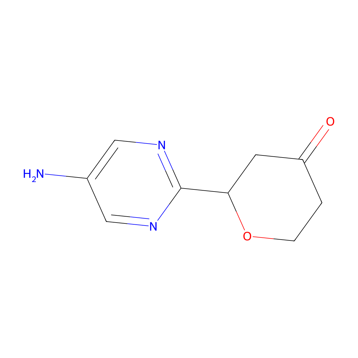 2-(5-aminopyrimidin-2-yl)tetrahydro-4H-pyran-4-one molecular structure, CAS 2806729-31-5