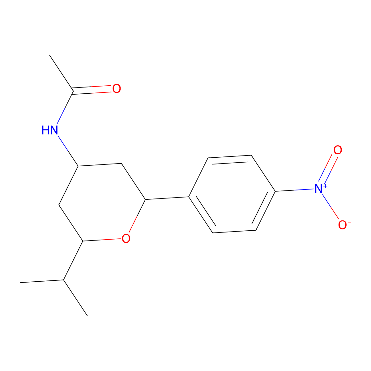 N-(2-isopropyl-6-(4-nitrophenyl)tetrahydro-2H-pyran-4-yl)acetamide molecular structure, CAS 2807037-17-6