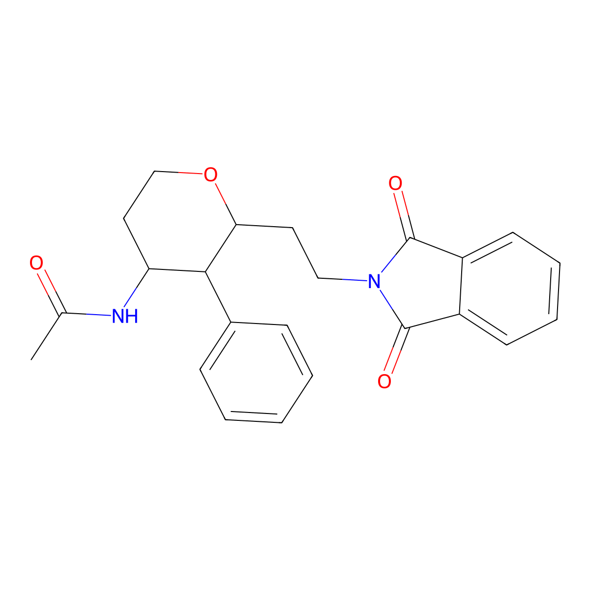 rac-N-((2R,3S,4R)-2-(2-(1,3-dioxoisoindolin-2-yl)ethyl)-3-phenyltetrahydro-2H-pyran-4-yl)acetamide molecular structure, CAS 2807037-20-1