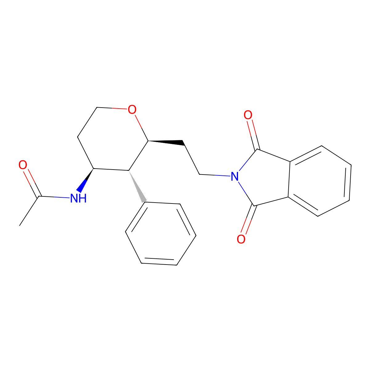 rac-N-((2R,3S,4R)-2-(2-(1,3-dioxoisoindolin-2-yl)ethyl)-3-phenyltetrahydro-2H-pyran-4-yl)acetamide molecular structure, CAS 2807037-20-1