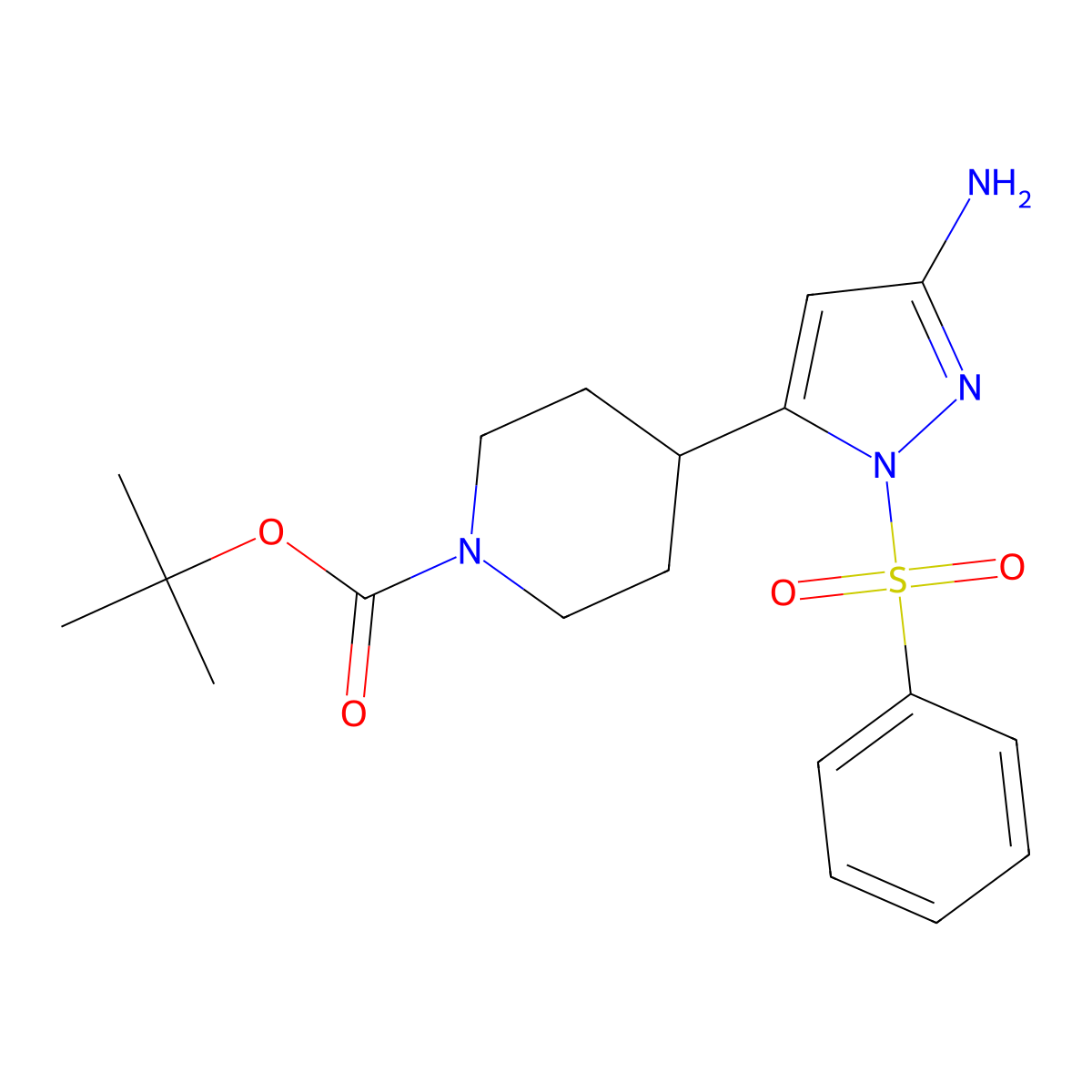 tert-butyl 4-(3-amino-1-(phenylsulfonyl)-1H-pyrazol-5-yl)piperidine-1-carboxylate molecular structure, CAS 2807037-43-8