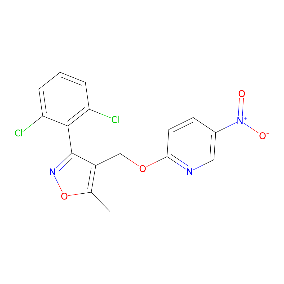 3-(2,6-Dichlorophenyl)-5-methyl-4-(((5-nitropyridin-2-yl)oxy)methyl)isoxazole molecular structure, CAS 2807037-82-5