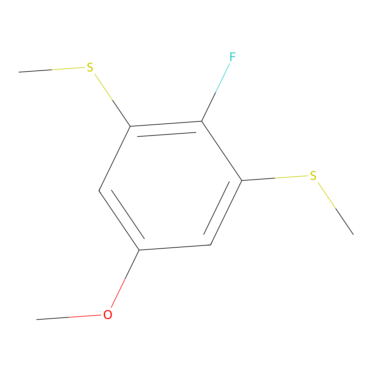 (2-Fluoro-5-methoxy-1,3-phenylene)bis(methylsulfane) molecular structure, CAS 2807468-13-7