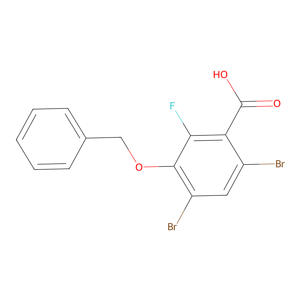 3-(Benzyloxy)-4,6-dibromo-2-fluorobenzoic acid molecular structure, CAS 2807471-32-3