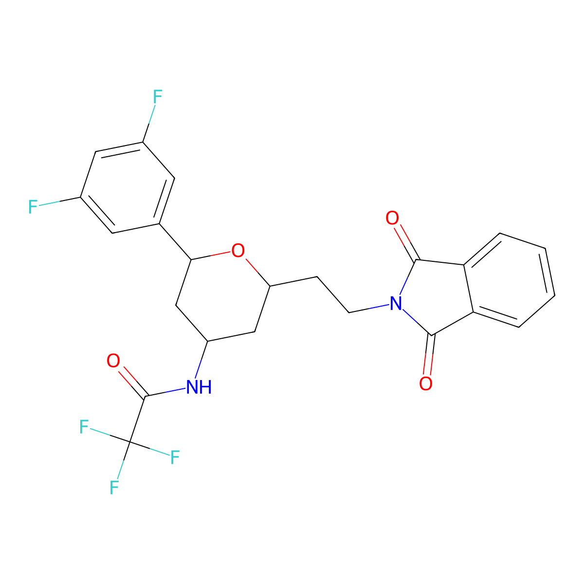 N-(2-(3,5-difluorophenyl)-6-(2-(1,3-dioxoisoindolin-2-yl)ethyl)tetrahydro-2H-pyran-4-yl)-2,2,2-trifluoroacetamide molecular structure, CAS 2807496-79-1