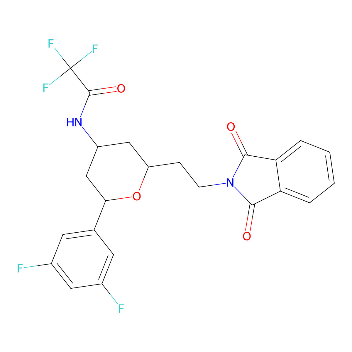 N-(2-(3,5-difluorophenyl)-6-(2-(1,3-dioxoisoindolin-2-yl)ethyl)tetrahydro-2H-pyran-4-yl)-2,2,2-trifluoroacetamide molecular structure, CAS 2807496-79-1