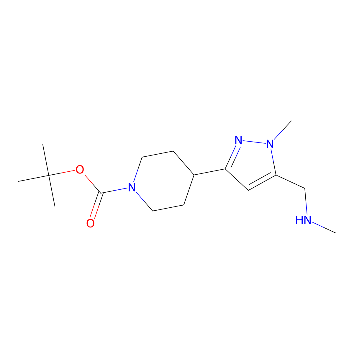 tert-butyl 4-(1-methyl-5-((methylamino)methyl)-1H-pyrazol-3-yl)piperidine-1-carboxylate molecular structure, CAS 2807497-22-7