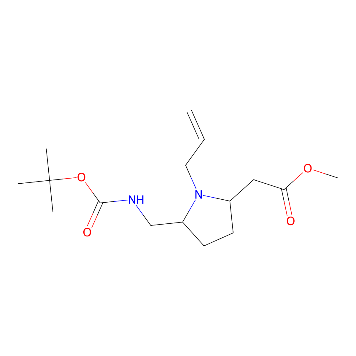 rac-methyl 2-((2R,5S)-1-allyl-5-(((tert-butoxycarbonyl)amino)methyl)pyrrolidin-2-yl)acetate molecular structure, CAS 2808652-01-7