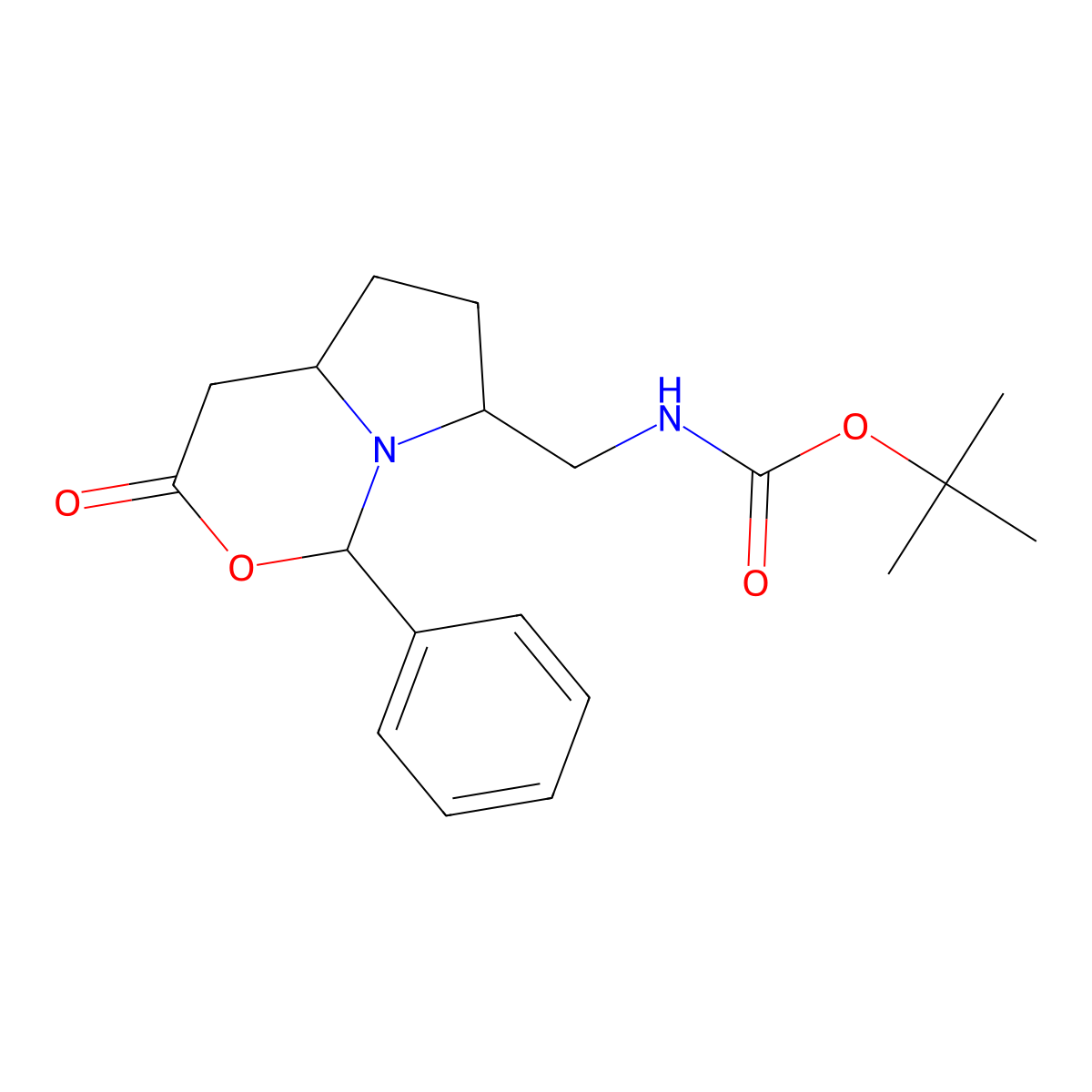 tert-butyl ((3-oxo-1-phenylhexahydro-1H-pyrrolo[1,2-c][1,3]oxazin-7-yl)methyl)carbamate molecular structure, CAS 2810073-00-6
