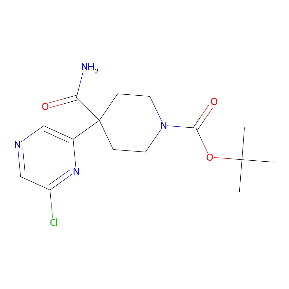 Tert-butyl 4-carbamoyl-4-(6-chloropyrazin-2-yl)piperidine-1-carboxylate molecular structure, CAS 2810073-22-2