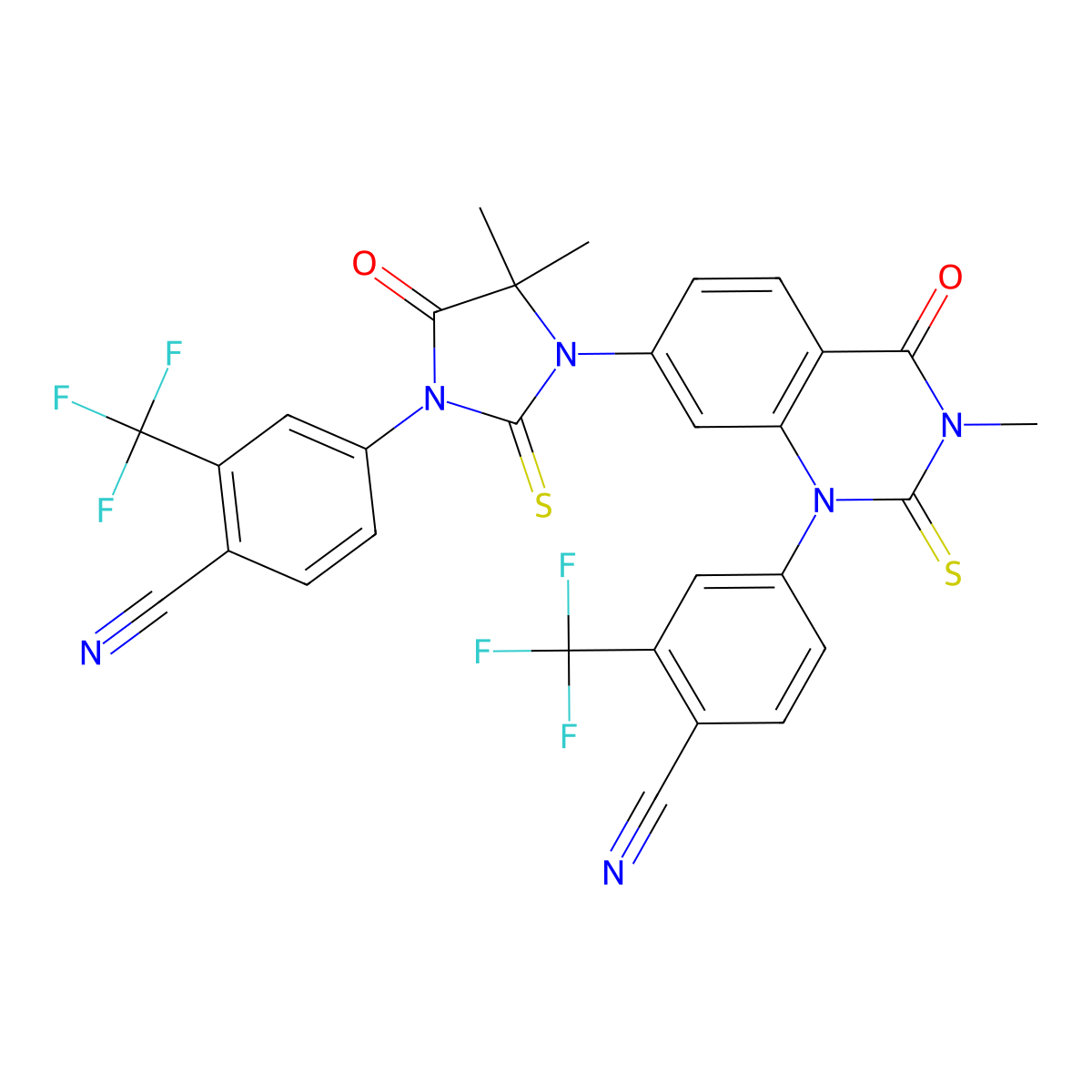 4-(3-(1-(4-Cyano-3-(trifluoromethyl)phenyl)-3-methyl-4-oxo-2-thioxo-1,2,3,4-tetrahydroquinazolin-7-yl)-4,4-dimethyl-5-oxo-2-thioxoimidazolidin-1-yl)-2-(trifluoromethyl)benzonitrile molecular structure, CAS 2810090-73-2