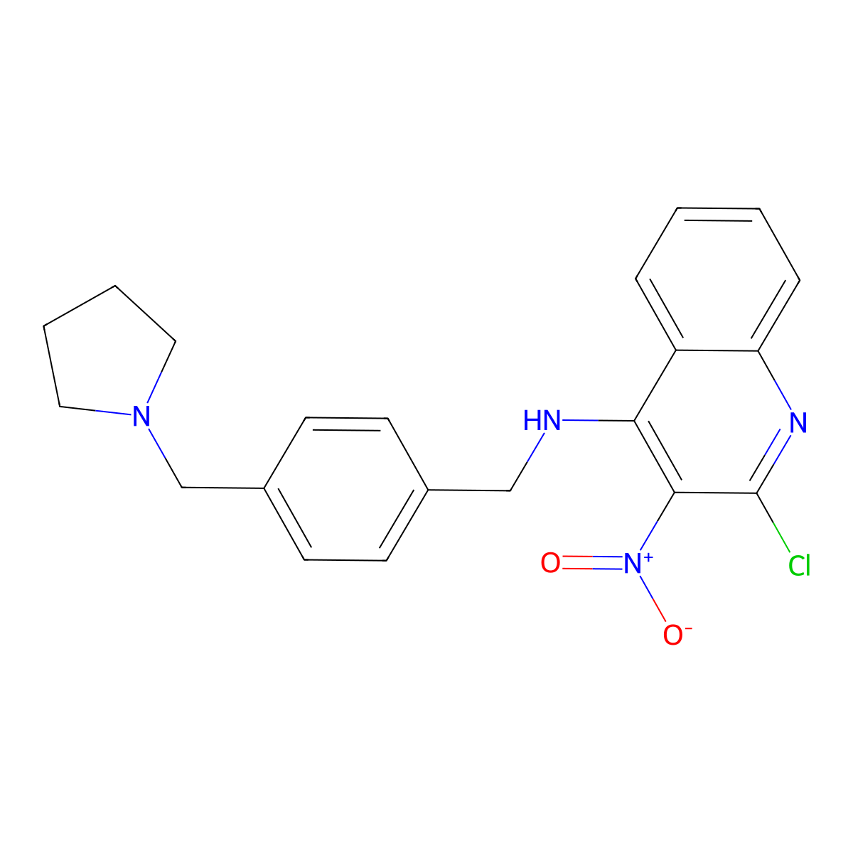 2-chloro-3-nitro-N-(4-(pyrrolidin-1-ylmethyl)benzyl)quinolin-4-amine molecular structure, CAS 2810784-40-6