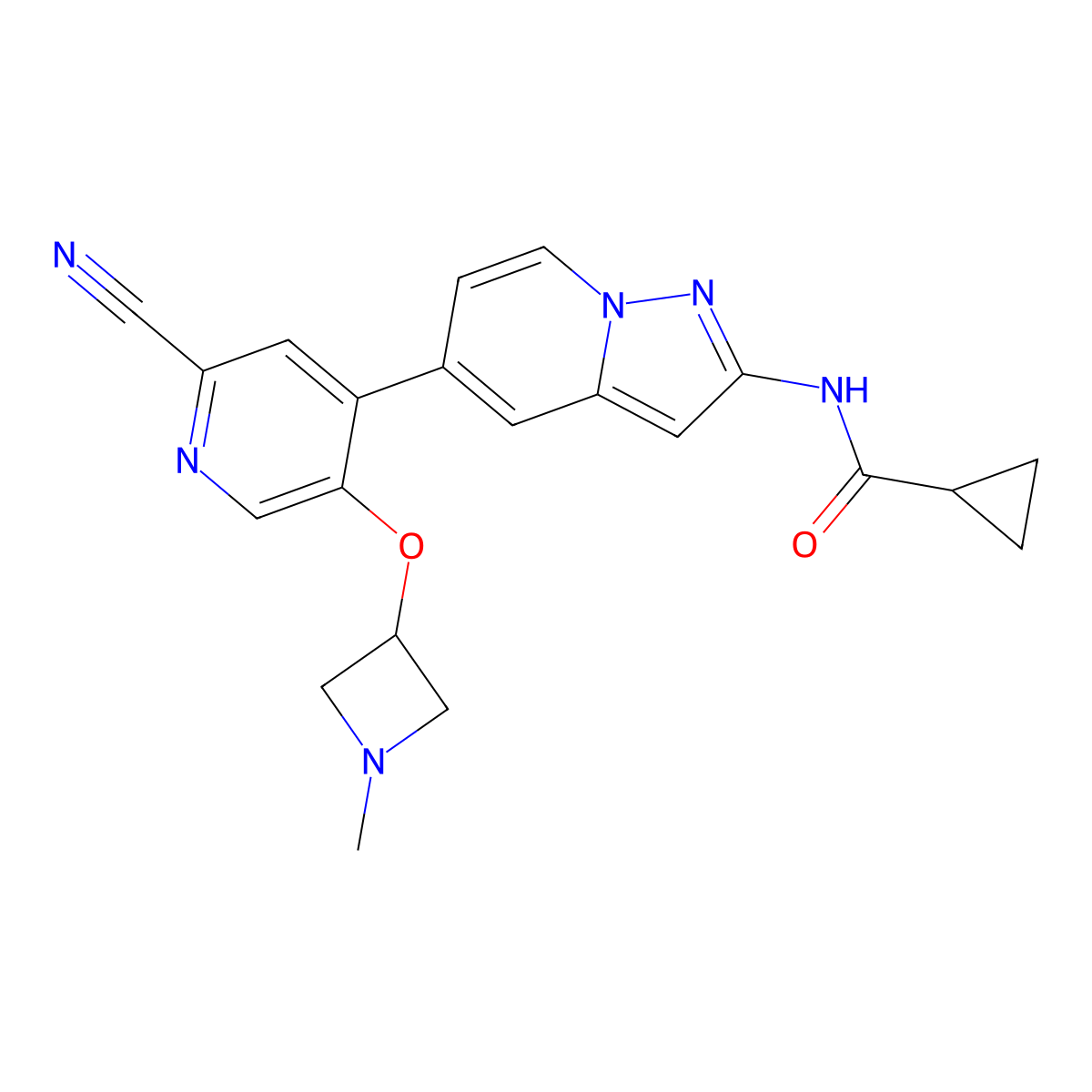 N-(5-(2-Cyano-5-((1-methylazetidin-3-YL)oxy)pyridin-4-YL)pyrazolo[1,5-A]pyridin-2-YL)cyclopropanecarboxamide molecular structure, CAS 2810810-00-3