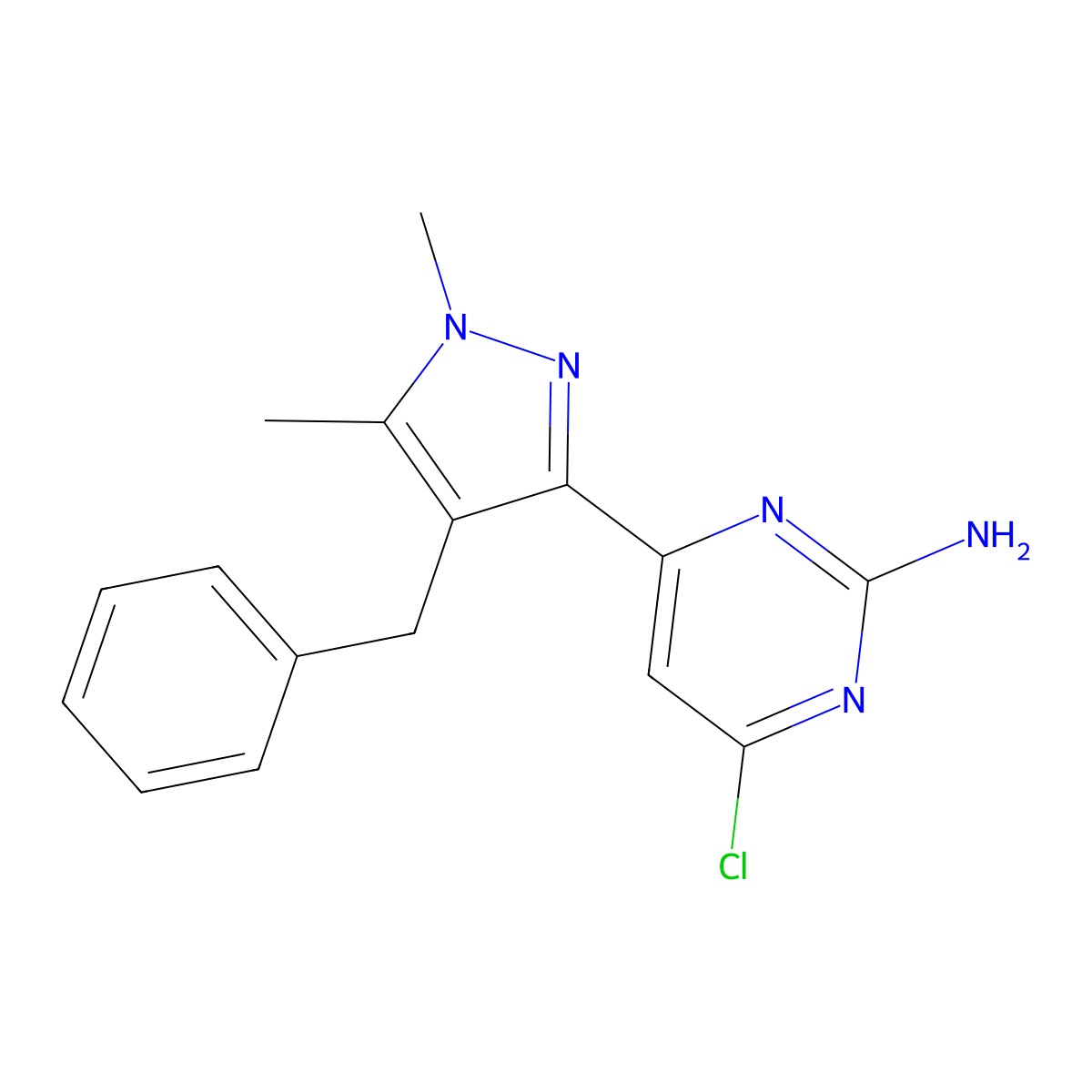 4-Chloranyl-6-[1,5-dimethyl-4-(phenylmethyl)pyrazol-3-yl]pyrimidin-2-amine molecular structure, CAS 2810887-45-5