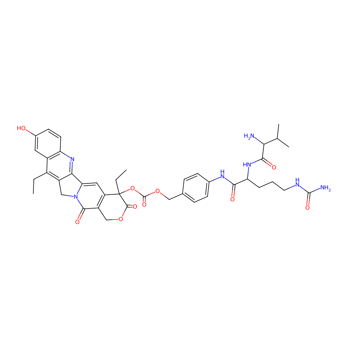 4-((S)-2-((S)-2-Amino-3-methylbutanamido)-5-ureidopentanamido)benzyl ((S)-4,11-diethyl-9-hydroxy-3,14-dioxo-3,4,12,14-tetrahydro-1H-pyrano[3',4':6,7]indolizino[1,2-b]quinolin-4-yl) carbonate molecular structure, CAS 2810895-93-1