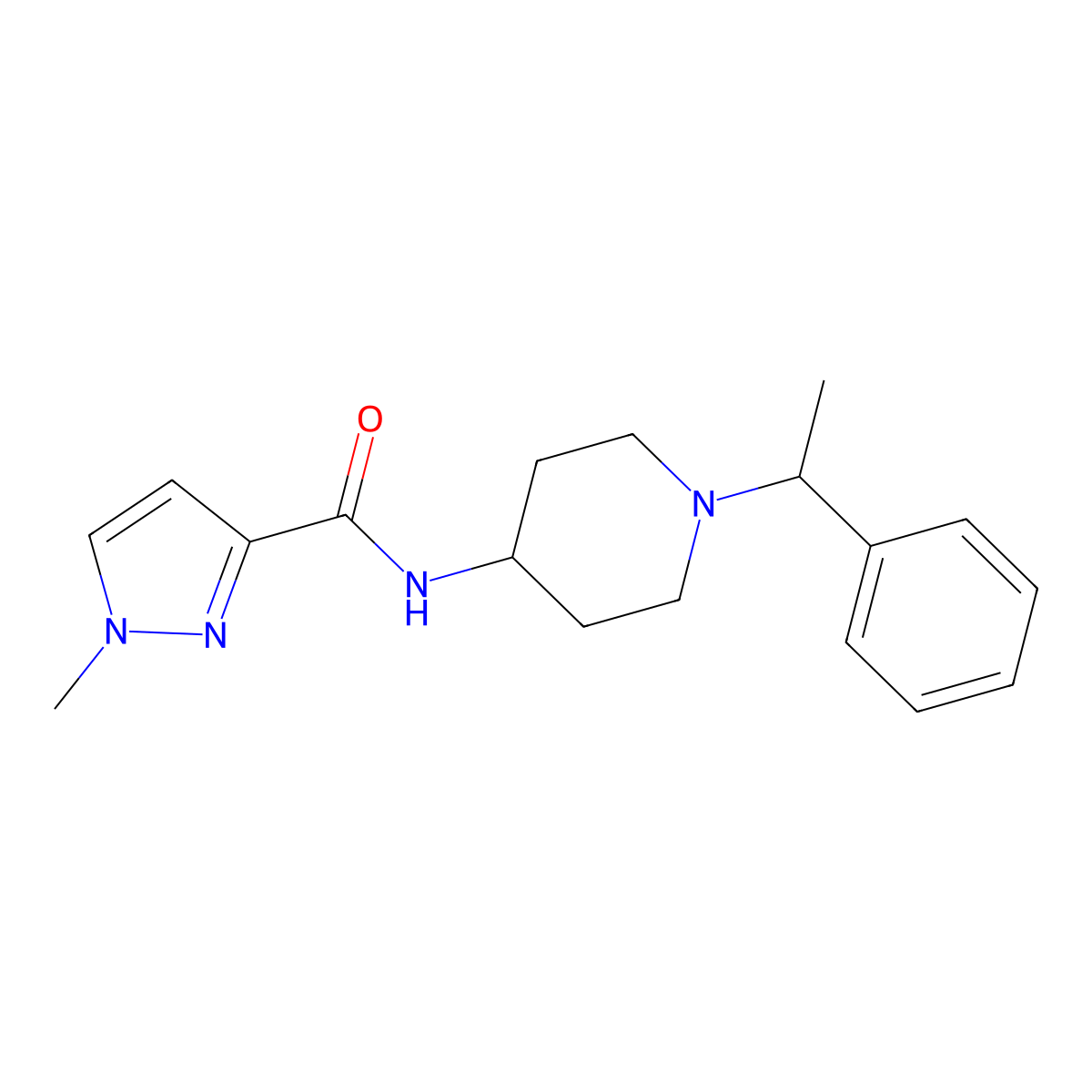 1-methyl-N-[1-(1-phenylethyl)piperidin-4-yl]-1H-pyrazole-3-carboxamide molecular structure, CAS 2810908-82-6