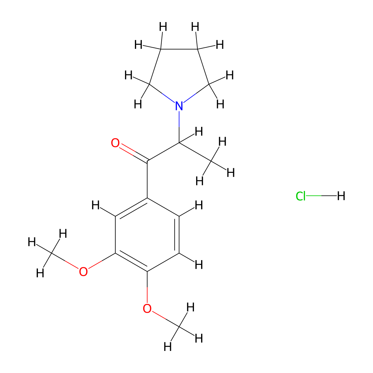1-(3,4-Dimethoxyphenyl)-2-(1-pyrrolidinyl)-1-propanone, monohydrochloride molecular structure, CAS 28117-93-3