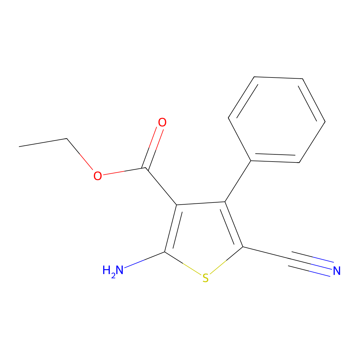 Ethyl 2-amino-5-cyano-4-phenylthiophene-3-carboxylate molecular structure, CAS 281195-24-2