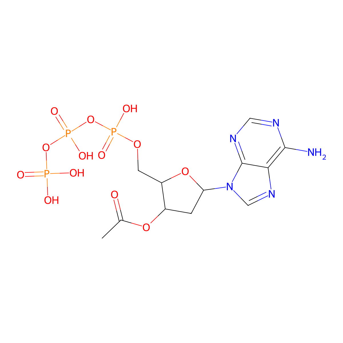 [(2R,3S,5R)-5-(6-aminopurin-9-yl)-2-[[hydroxy-[hydroxy(phosphonooxy)phosphoryl]oxyphosphoryl]oxymethyl]oxolan-3-yl] acetate molecular structure, CAS 28120-63-0