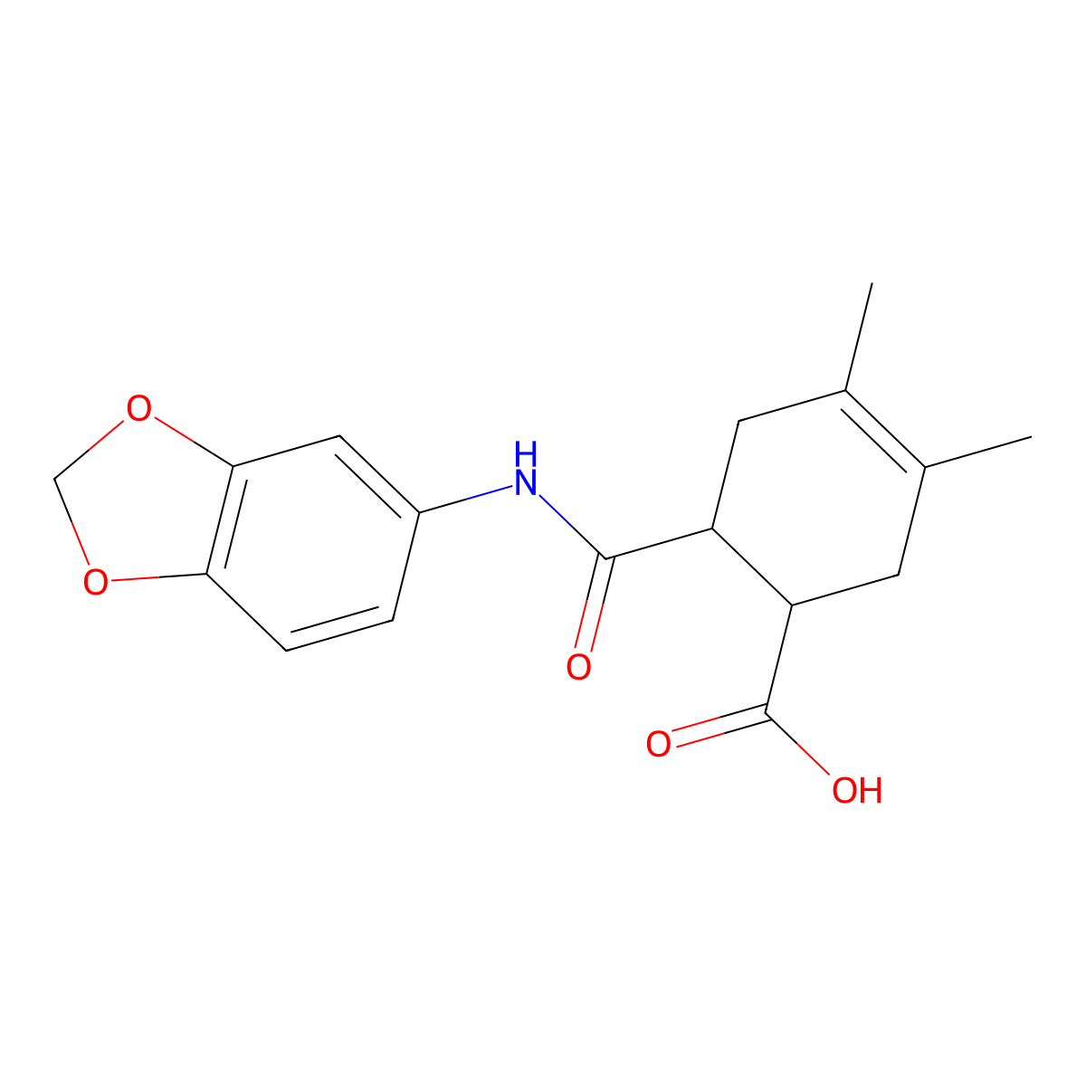 6-(1,3-Benzodioxol-5-ylcarbamoyl)-3,4-dimethylcyclohex-3-ene-1-carboxylic acid molecular structure, CAS 281205-78-5