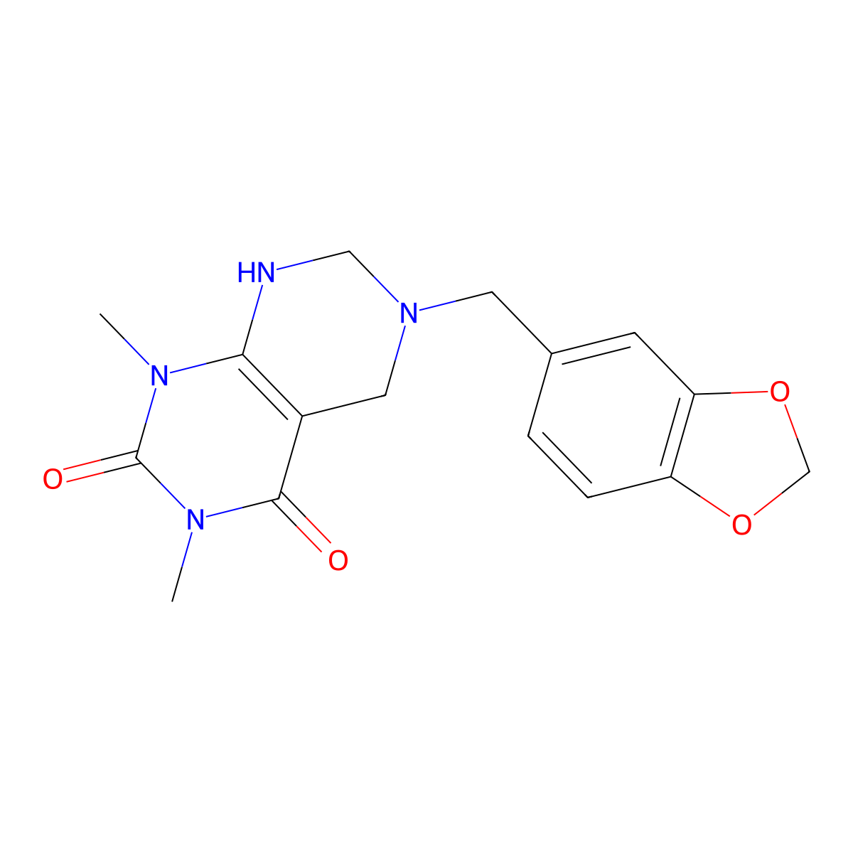 6-(1,3-benzodioxol-5-ylmethyl)-1,3-dimethyl-5,6,7,8-tetrahydropyrimido[4,5-d]pyrimidine-2,4(1H,3H)-dione molecular structure, CAS 281205-91-2
