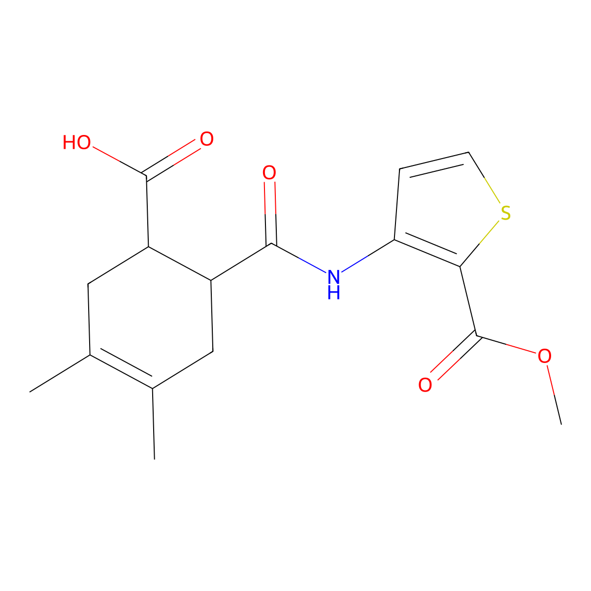 6-{[2-(Methoxycarbonyl)thiophen-3-yl]carbamoyl}-3,4-dimethylcyclohex-3-ene-1-carboxylic acid molecular structure, CAS 281223-56-1