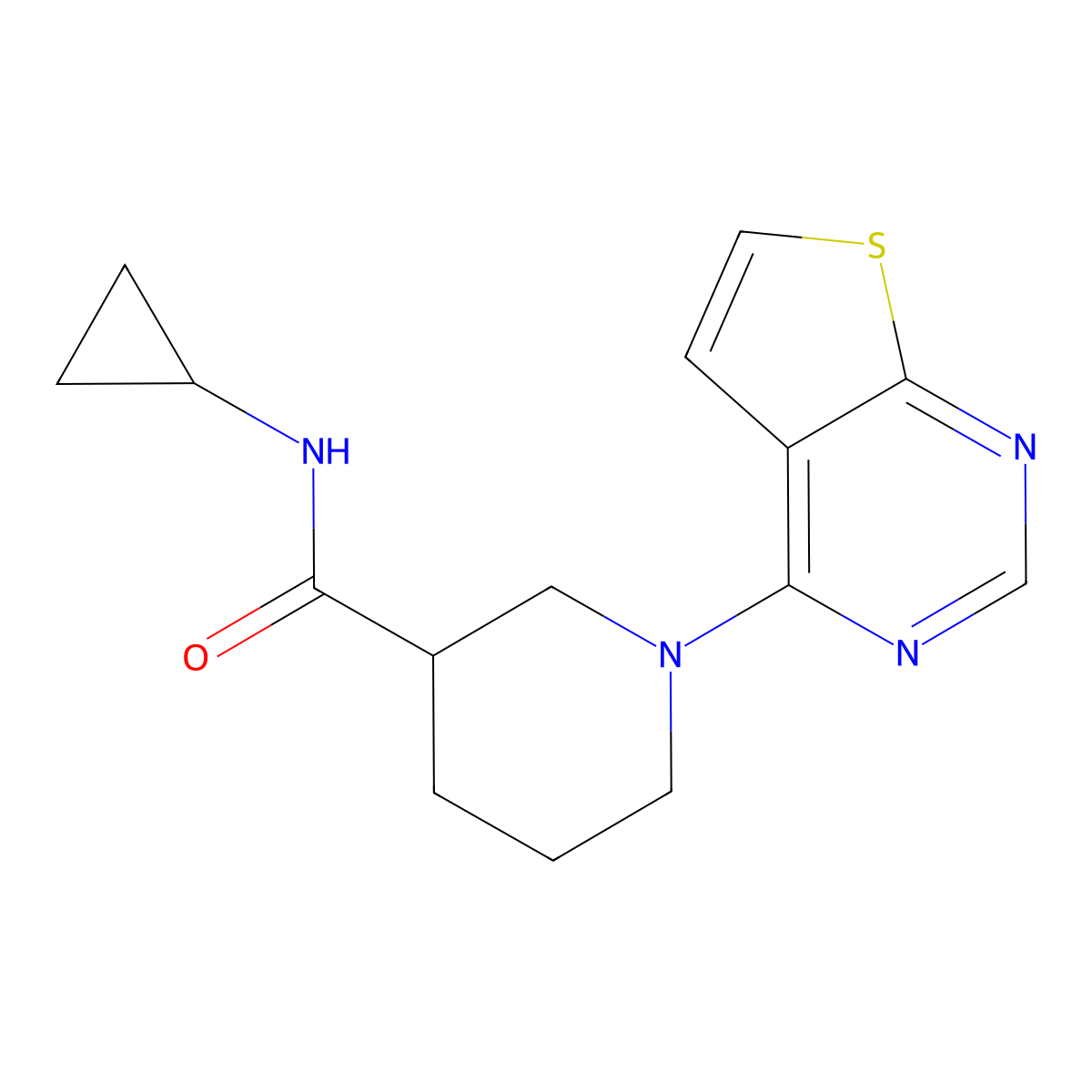 N-cyclopropyl-1-{thieno[2,3-d]pyrimidin-4-yl}piperidine-3-carboxamide molecular structure, CAS 2812620-19-0