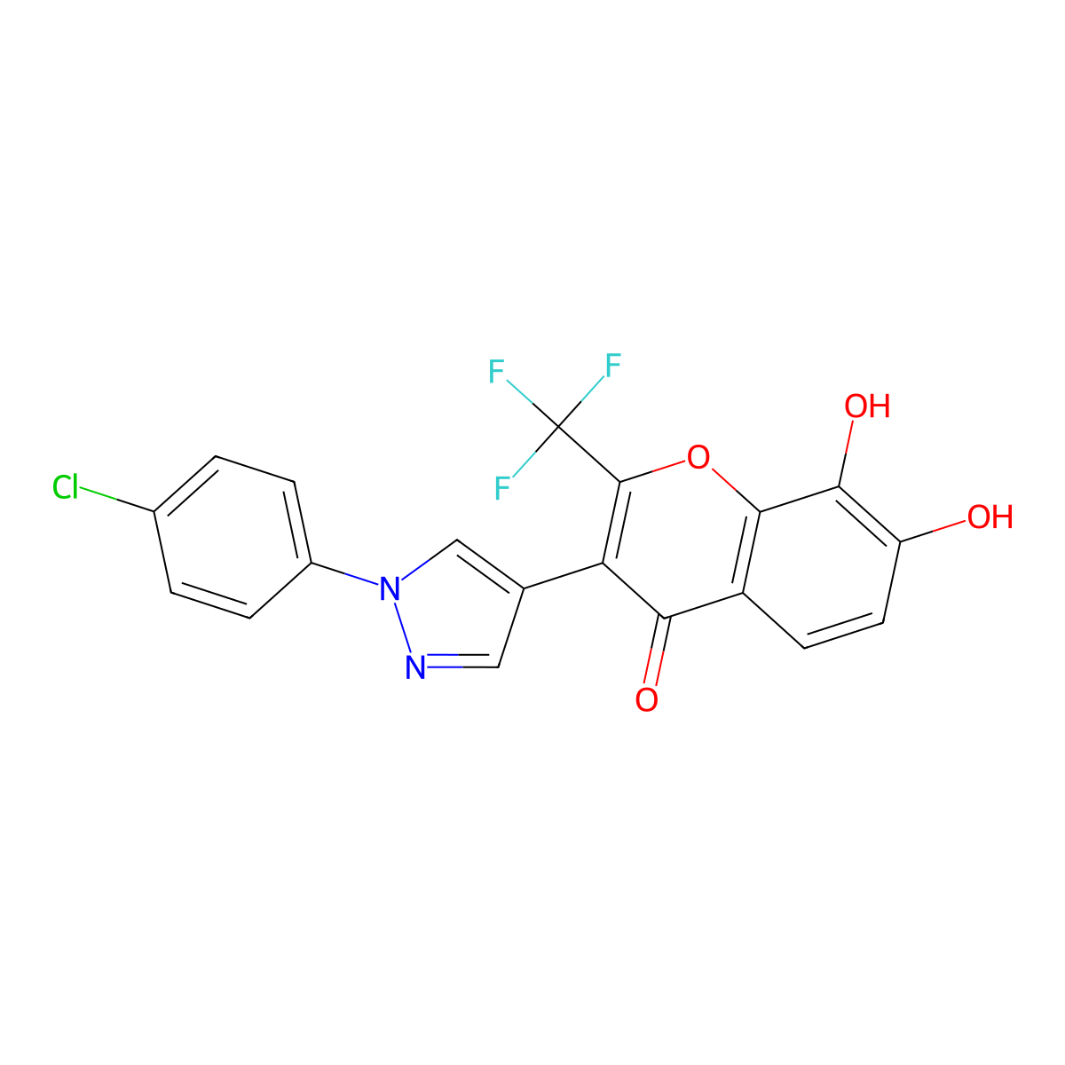3-[1-(4-Chlorophenyl)pyrazol-4-yl]-7,8-dihydroxy-2-(trifluoromethyl)chromen-4-one molecular structure, CAS 2813310-07-3