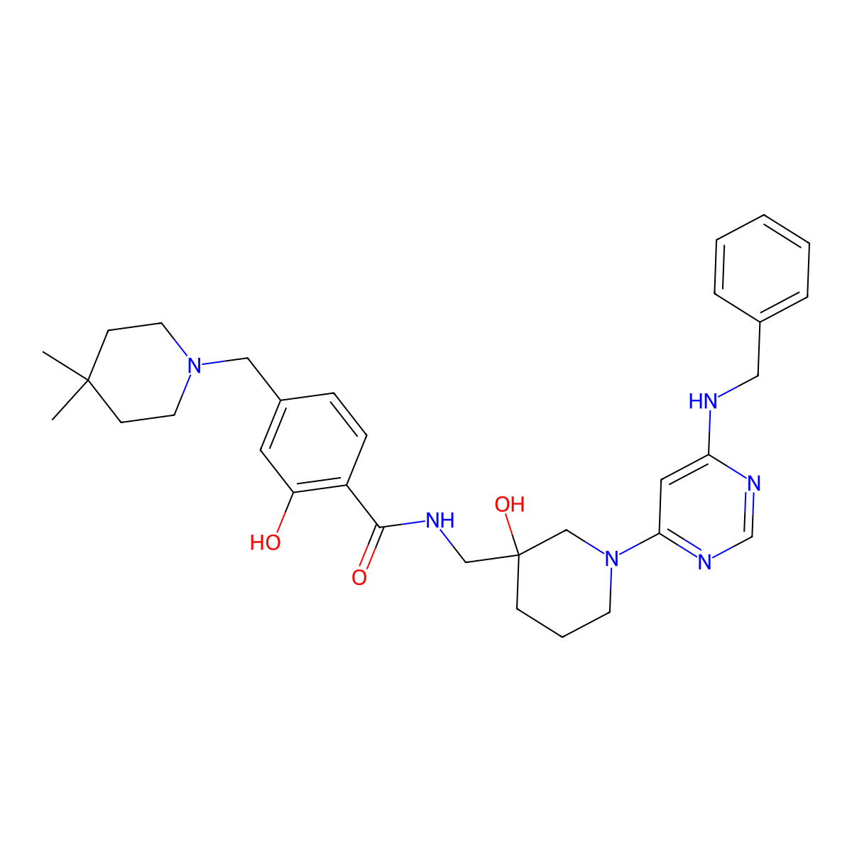 4-[(4,4-dimethylpiperidin-1-yl)methyl]-2-oxidanyl-~{N}-[[(3~{R})-3-oxidanyl-1-[6-[(phenylmethyl)amino]pyrimidin-4-yl]piperidin-3-yl]methyl]benzamide molecular structure, CAS 2813577-78-3