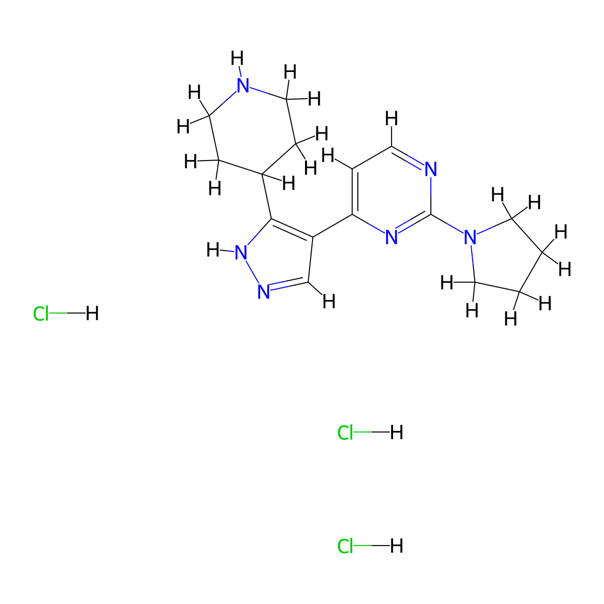 4-(3-(piperidin-4-yl)-1H-pyrazol-4-yl)-2-(pyrrolidin-1-yl)pyrimidine trihydrochloride molecular structure, CAS 2815847-53-9