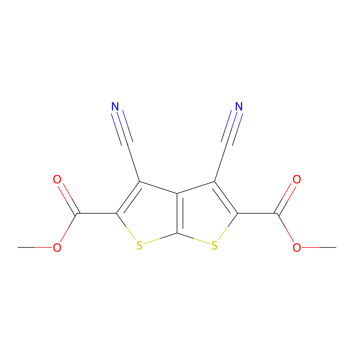 Dimethyl 3,4-dicyanothieno[2,3-b]thiophene-2,5-dicarboxylate molecular structure, CAS 2815848-73-6