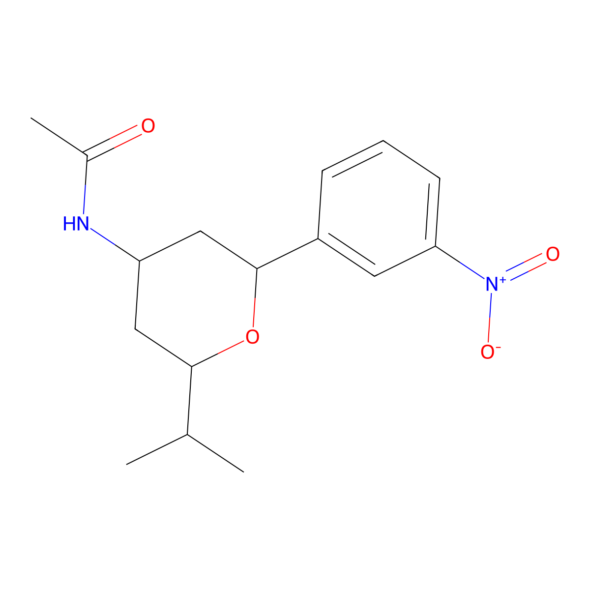 rac-N-((2R,4R,6S)-2-isopropyl-6-(3-nitrophenyl)tetrahydro-2H-pyran-4-yl)acetamide molecular structure, CAS 2816676-35-2