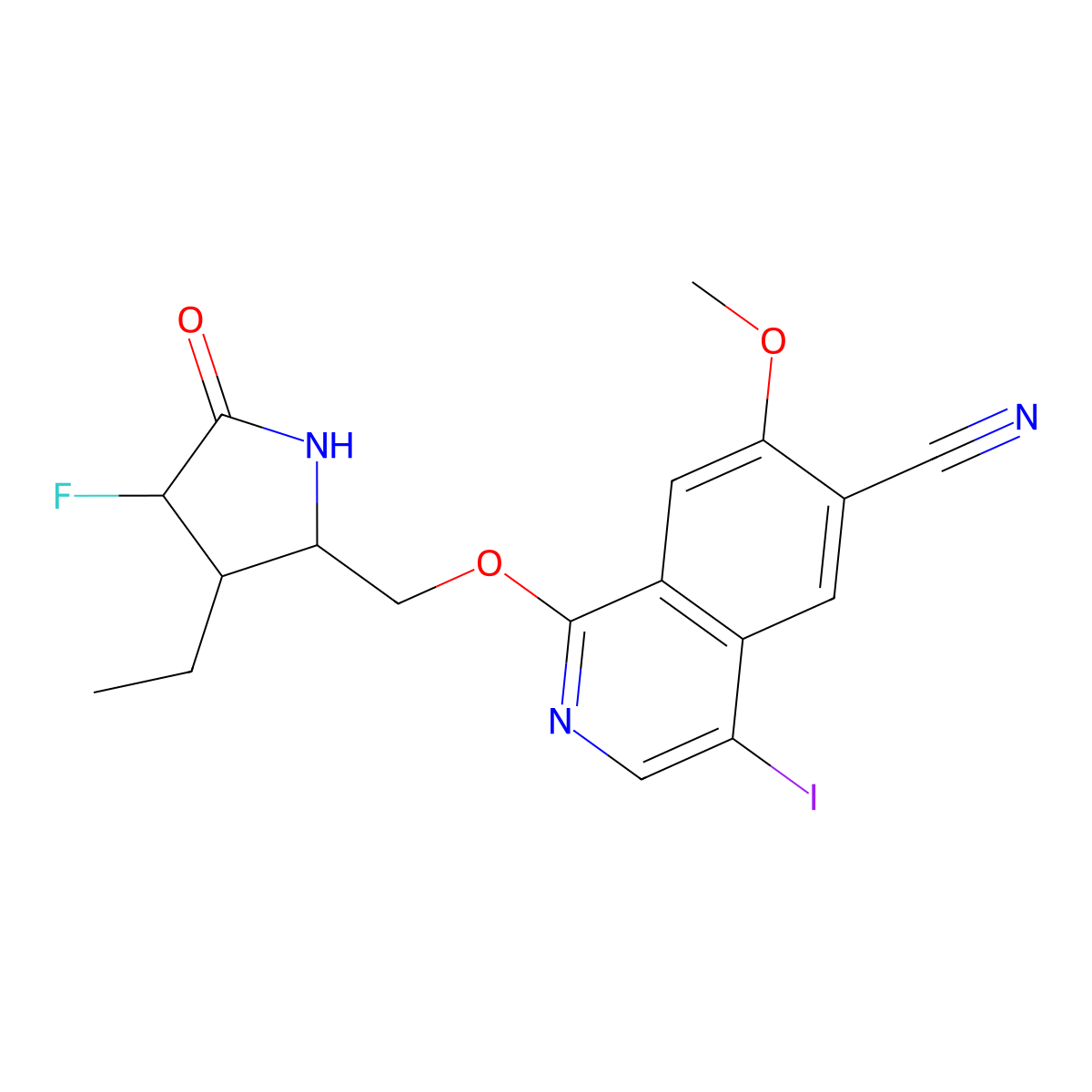 1-[[(2S,3S,4S)-3-ethyl-4-fluoro-5-oxopyrrolidin-2-yl]methoxy]-4-iodo-7-methoxyisoquinoline-6-carbonitrile molecular structure, CAS 2816818-21-8