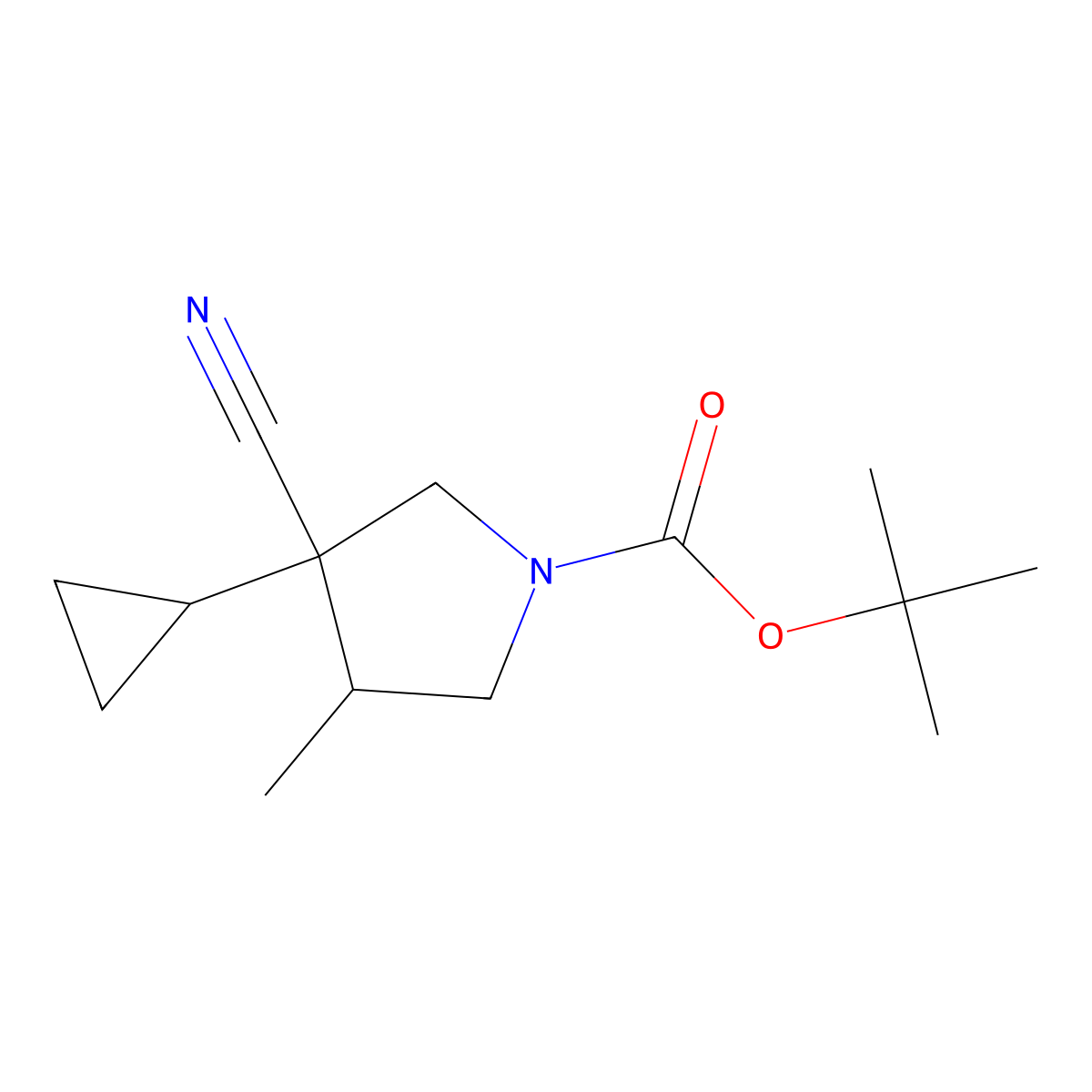 tert-butyl (3R,4S)-3-cyano-3-cyclopropyl-4-methyl-pyrrolidine-1-carboxylate molecular structure, CAS 2816820-14-9