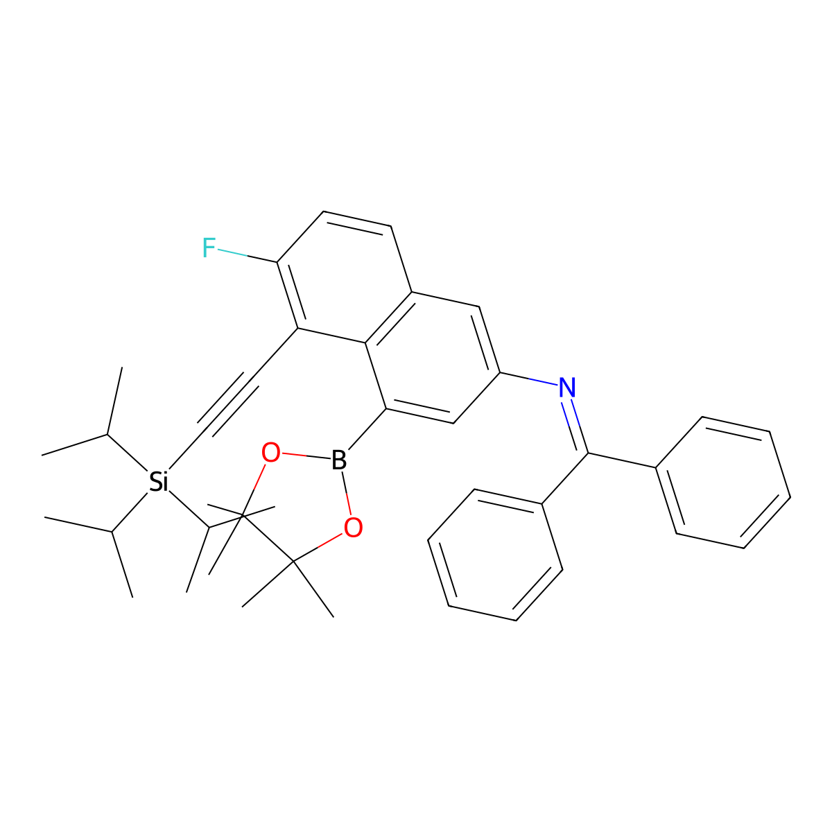 N-(Diphenylmethylene)-6-fluoro-4-(4,4,5,5-tetramethyl-1,3,2-dioxaborolan-2-yl)-5-[2-[tris(1-methylethyl)silyl]ethynyl]-2-naphthalenamine molecular structure, CAS 2816821-08-4