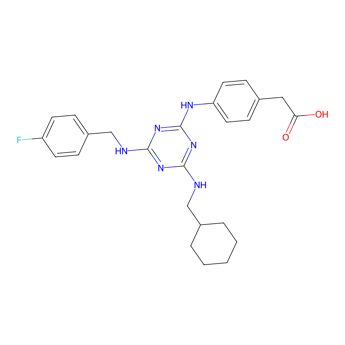 4-[[4-[(Cyclohexylmethyl)amino]-6-[[(4-fluorophenyl)methyl]amino]-1,3,5-triazin-2-YL]amino]benzeneacetic acid molecular structure, CAS 2816914-33-5