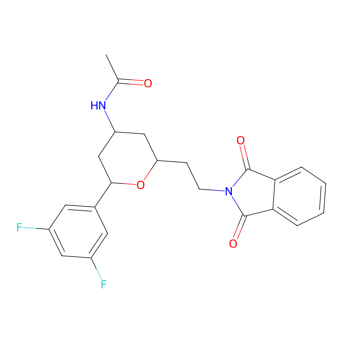 N-(2-(3,5-difluorophenyl)-6-(2-(1,3-dioxoisoindolin-2-yl)ethyl)tetrahydro-2H-pyran-4-yl)acetamide molecular structure, CAS 2818340-48-4
