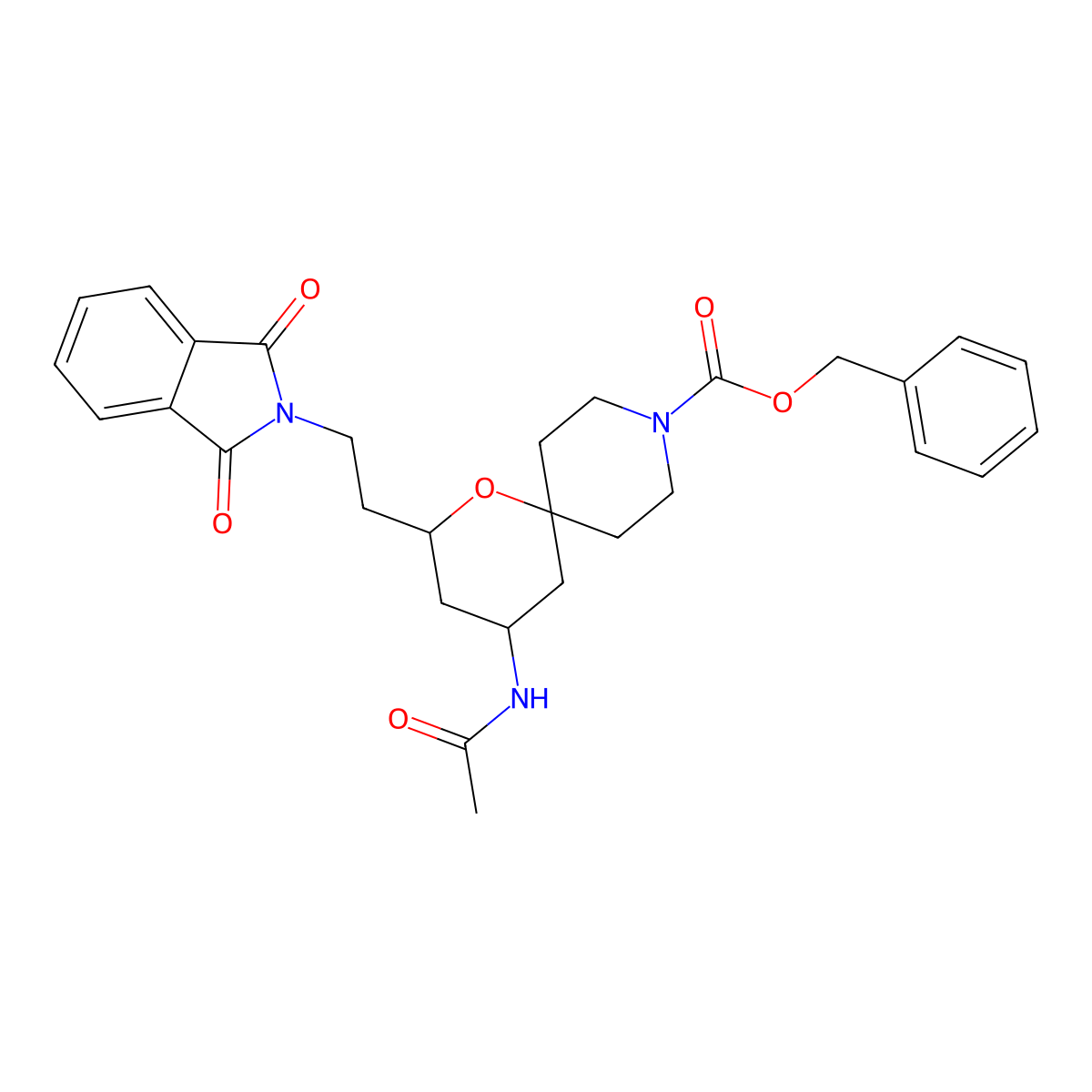 rac-benzyl (2R,4S)-4-acetamido-2-(2-(1,3-dioxoisoindolin-2-yl)ethyl)-1-oxa-9-azaspiro[5.5]undecane-9-carboxylate molecular structure, CAS 2818340-55-3